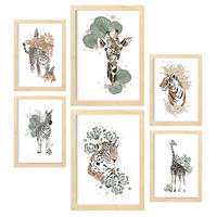POSTER Set Mit 6 Wilde Tiere Weißer Hintergrund Mit Tiermotiven Im Pastell Muster Stil Innenarchitektur A3 & A4 Rahmen Aus Hellem Holz - Beige, Papier (29/3cm) - Nacnic