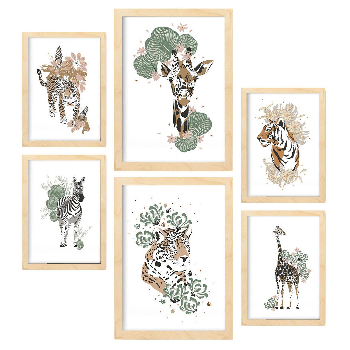 POSTER Set Mit 6 Wilde Tiere Weißer Hintergrund Mit Tiermotiven Im Pastell Muster Stil Innenarchitektur A3 & A4 Rahmen Aus Hellem Holz - Beige, Papier (29/3cm) - Nacnic