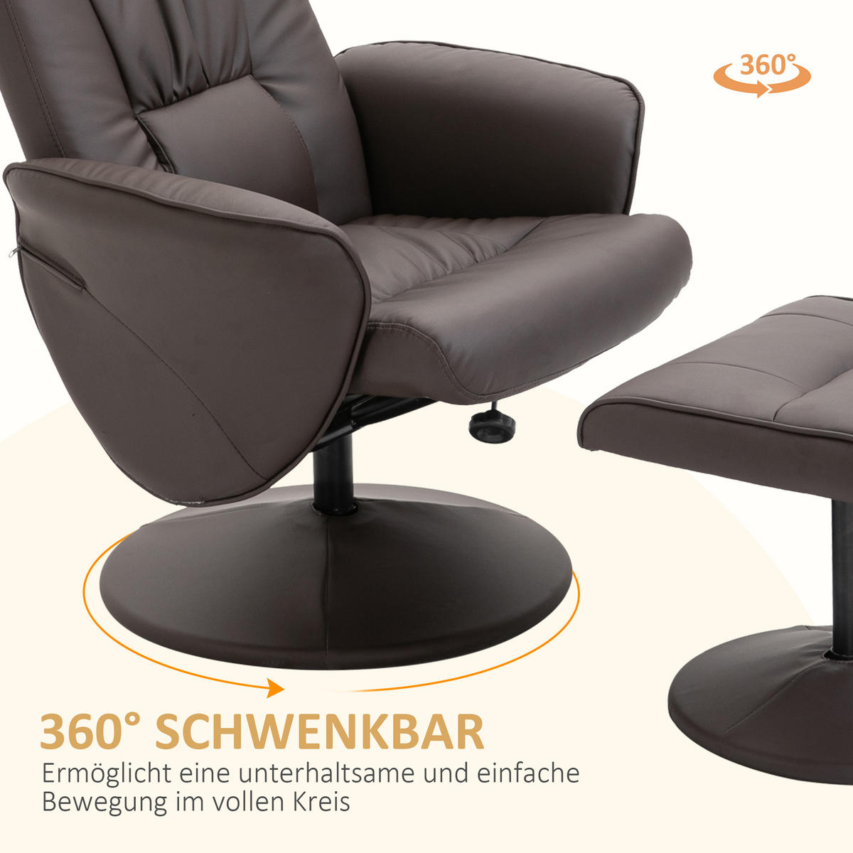 RELAXSESSEL mit Hocker, Fernsehsessel, TV Sessel mit Liegefunktion, Kunstleder - Braun, Metall (76/101/81cm) - HOMCOM