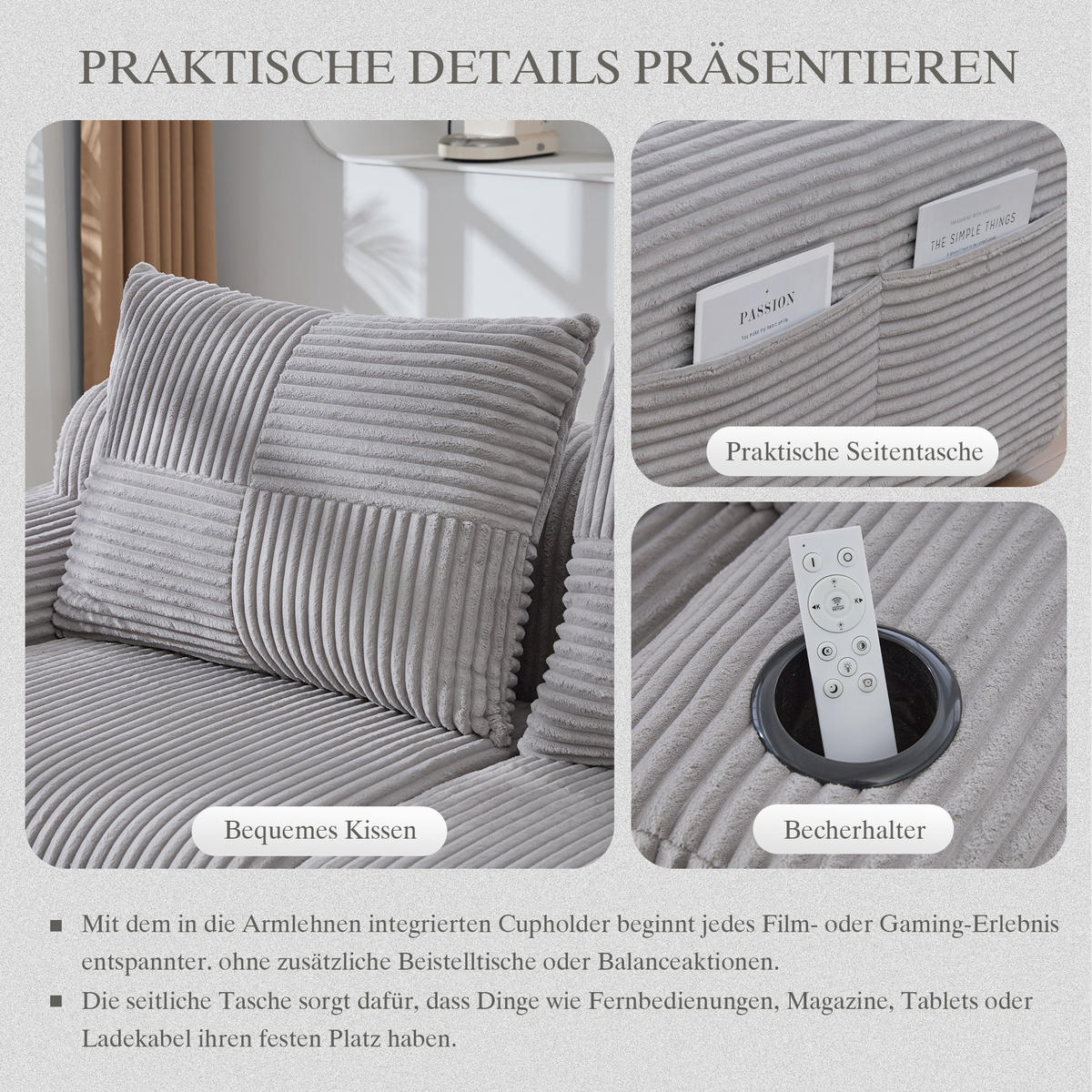 3-SITZER Wohnlandschaft Cord mit 2 Hockern und Getränkehalter 268/174/80 cm Hellgrau - Hellgrau, Textil (174/80/268cm) - Redom