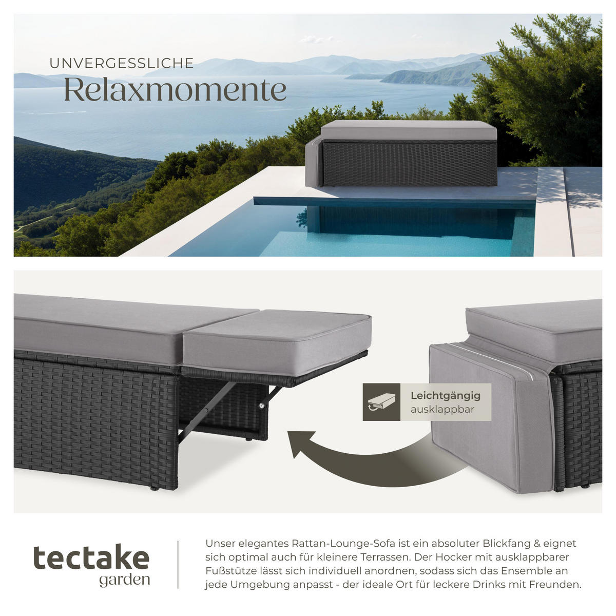 RATTANLOUNGE Korfu,Hocker mit klappbarer Stütze,schwarz/grau - Schwarz/Grau, Kunststoff - tectake