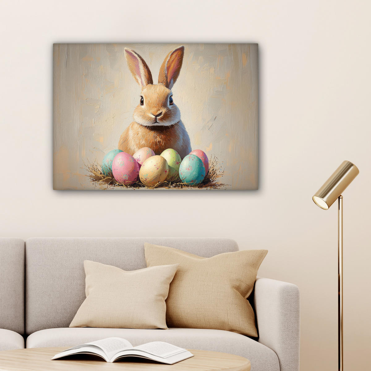 LEINWANDBILD Osterhase - Pastell - Eier Wandbilder 80x60 cm - Beige, Textil (80/60cm) - MuchoWow