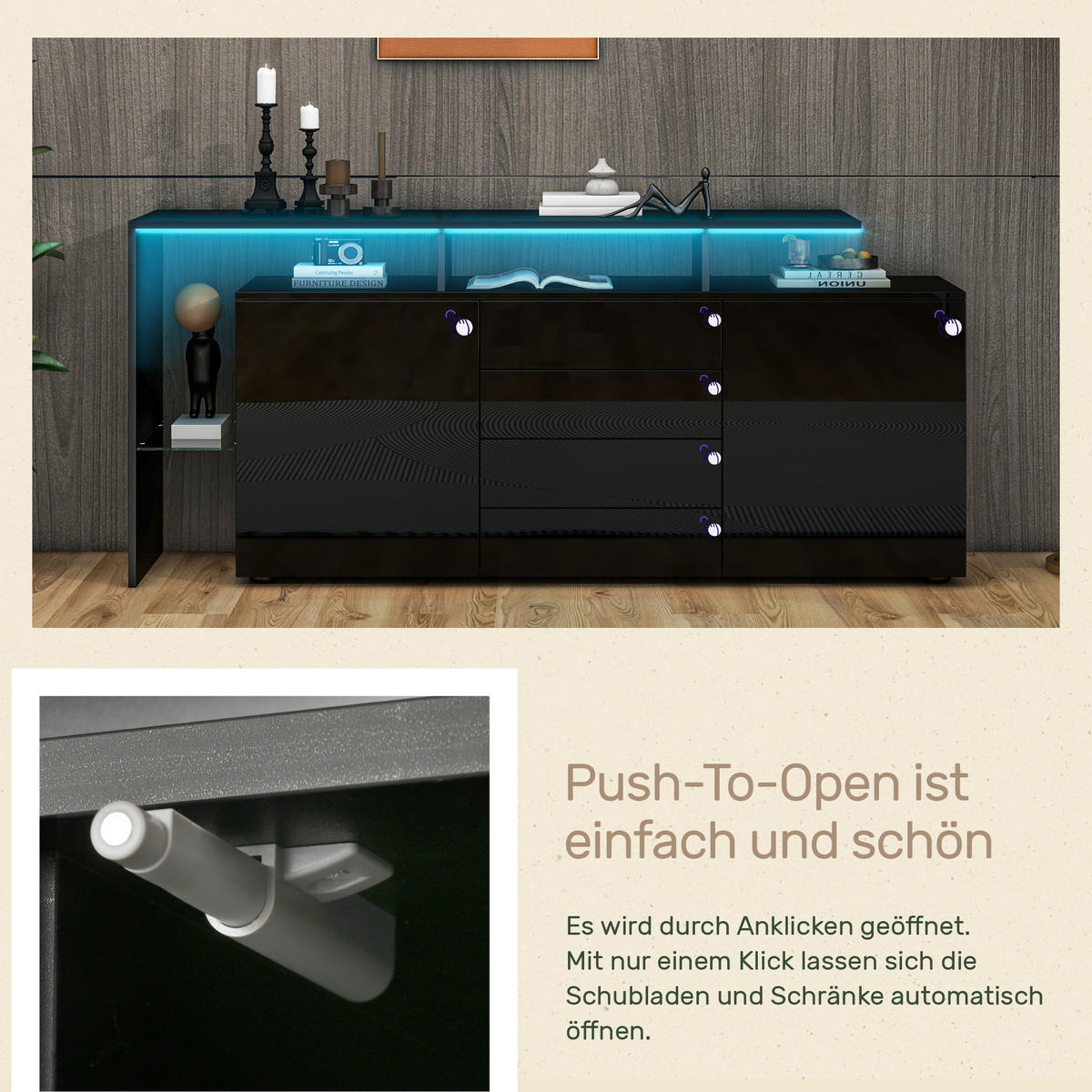 SIDEBOARD LED Schwarz Hochglanz Mehrzweckschrank Stauraum - Schwarz, Holzwerkstoff (35/70/160cm) - FLIEKS