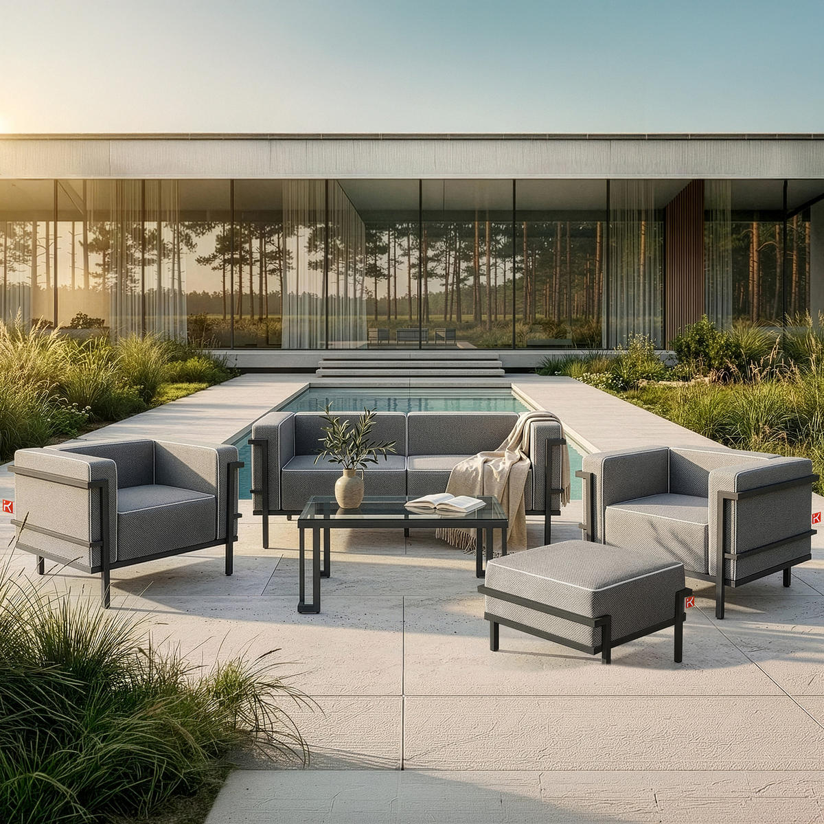 GARTENLOUNGE-HOCKER TRIGLO auf Metallfüßen, Modern, Dunkelgrau - Dunkelgrau/Schwarz, Textil/Metall (69/44/54cm) - KONSIMO®