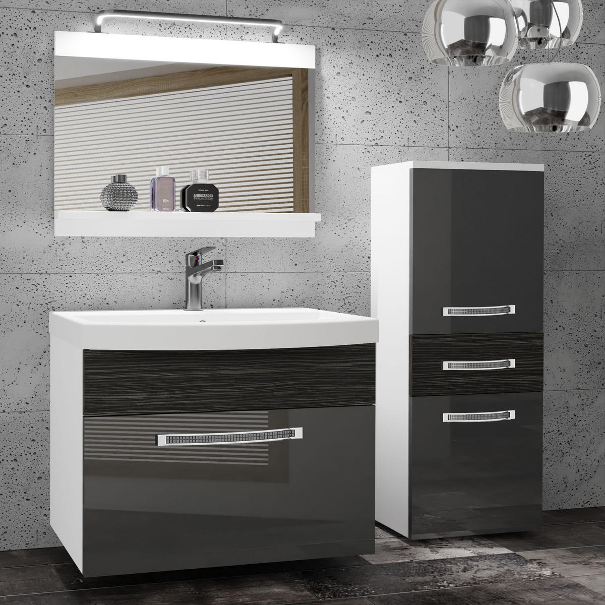BADMÖBEL Badezimmer Silber / Ebenholz Royal, Glänzend und Matt - Hellgrau, Holz (100/81/40cm) - B BELINI GROUP