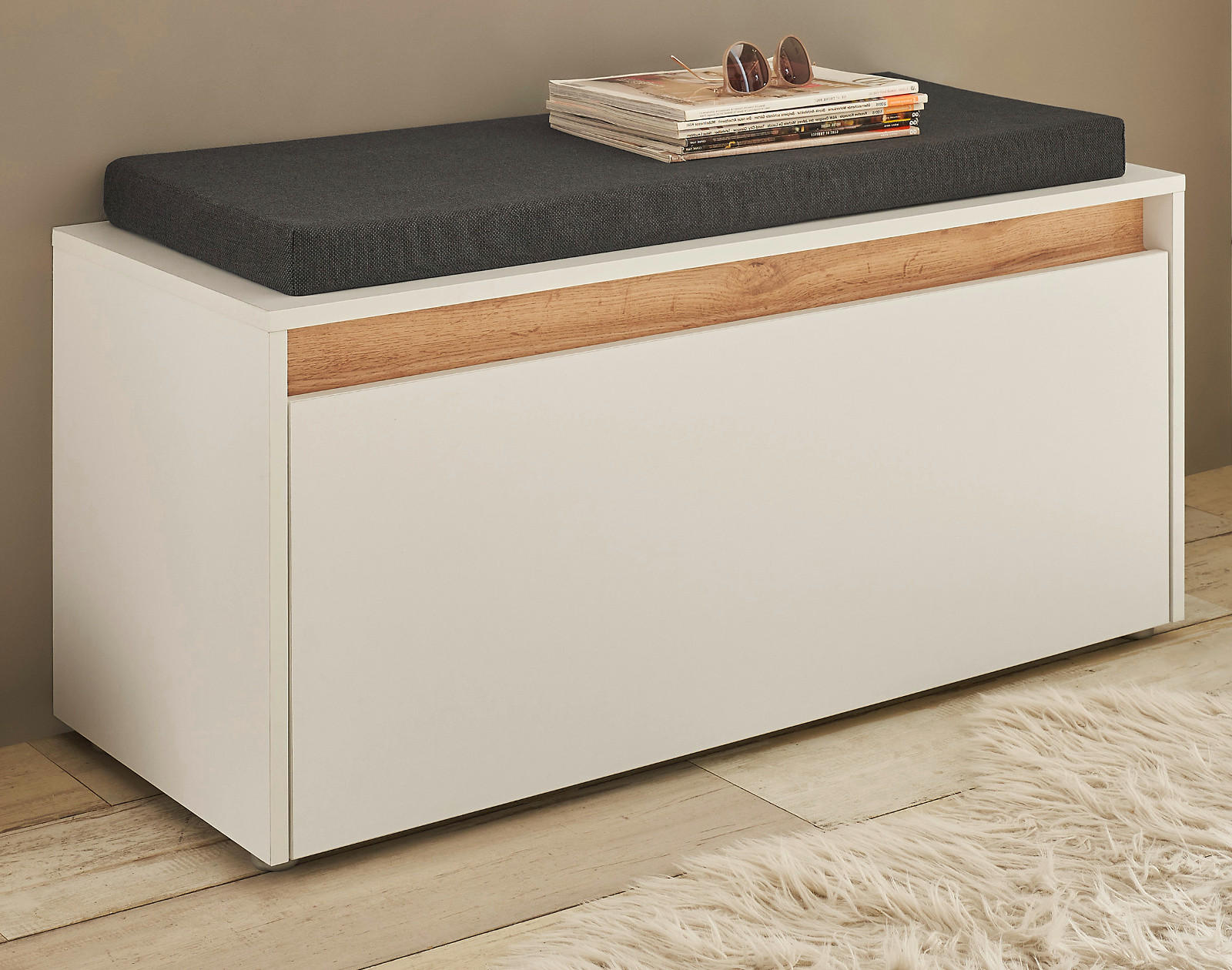 GARDEROBENBANK weiß, Eiche Wotan 100 cm, Schuhbank mit Sitzkissen - Silberfarben/Eiche Wotan, Holzwerkstoff/Kunststoff (100/45/40cm) - Furn.Design