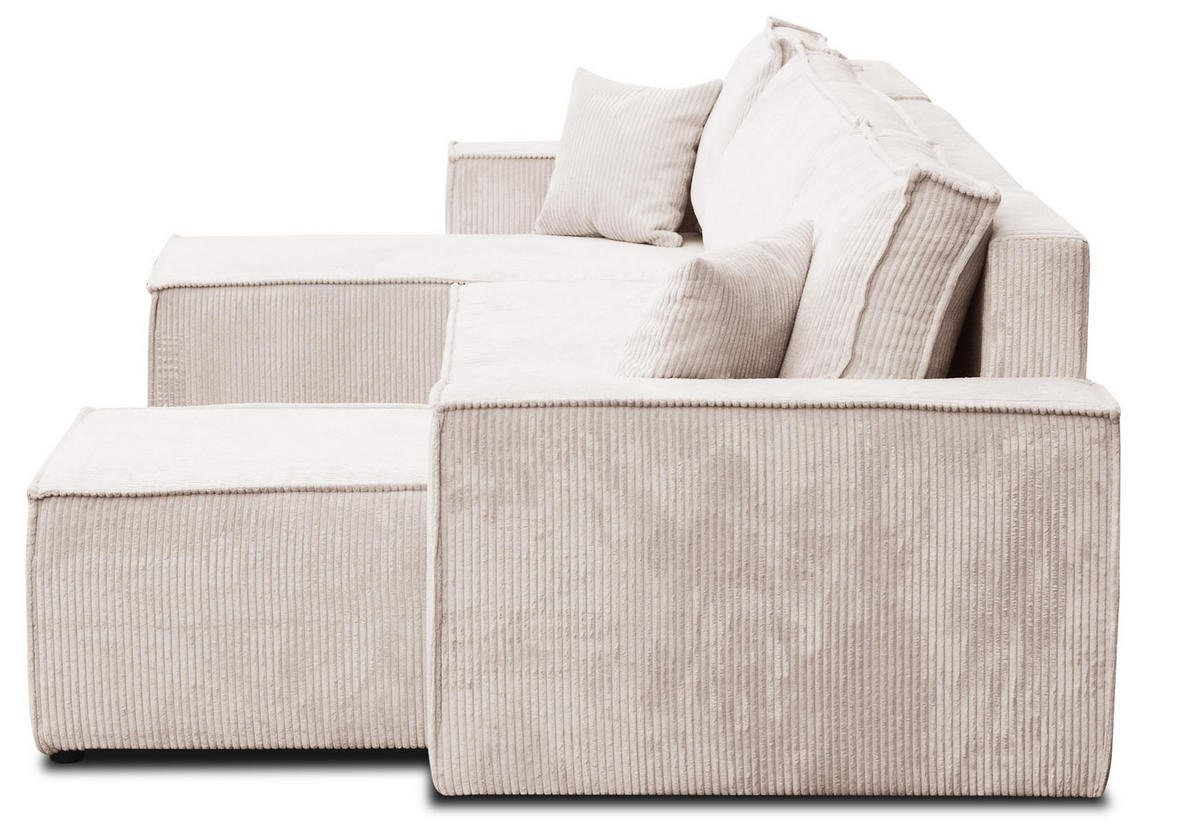 WOHNLANDSCHAFT Hugo U-Form Cordstoff mit Schlaffunktion und Bettkasten - Beige, Textil (312/83/142cm) - VENASI MÖBEL