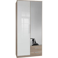 KLEIDERSCHRANK Greven in Hochglanz Lack Weiß mit Eiche Sägerau 91x199x58 cm (BxHxT) – Drehtürenschrank 2-türig mit Spiegeltür & Schubkästen - Weiß/Braun, Holzwerkstoff (120/200/80cm)