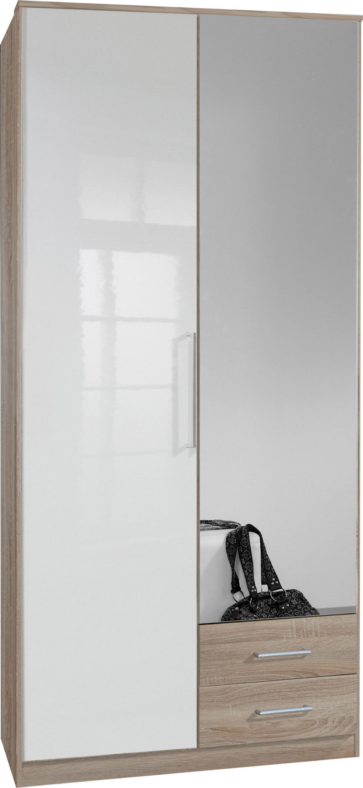KLEIDERSCHRANK Greven in Hochglanz Lack Weiß mit Eiche Sägerau 91x199x58 cm (BxHxT) – Drehtürenschrank 2-türig mit Spiegeltür & Schubkästen - Weiß/Braun, Holzwerkstoff (120/200/80cm)