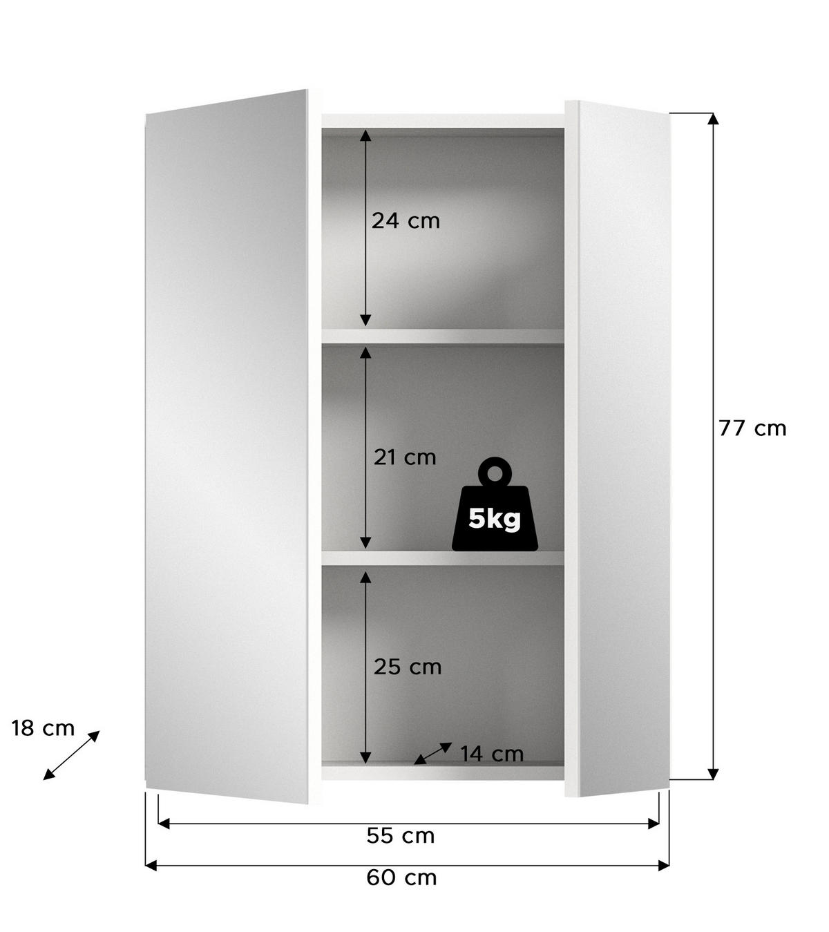 SPIEGELSCHRANK Vira Bad in weiß Melamin und weiß hochglanz B/H/T: 60x77x18 cm - Weiß, Holz (60/77/18cm)