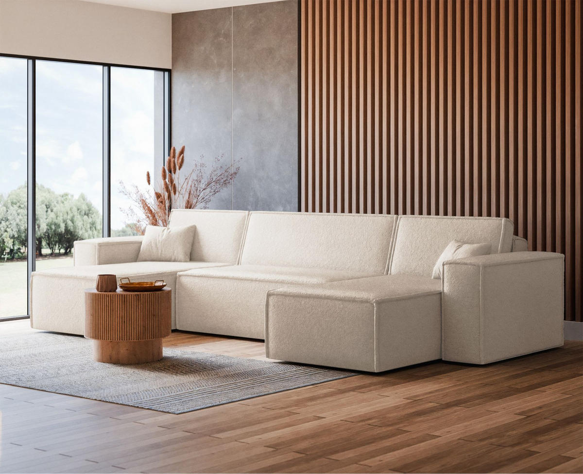WOHNLANDSCHAFT Scarlo Creme Bouclé-Bezug - Creme/Schwarz, Kunststoff/Textil (312/83/145cm) - Selsey