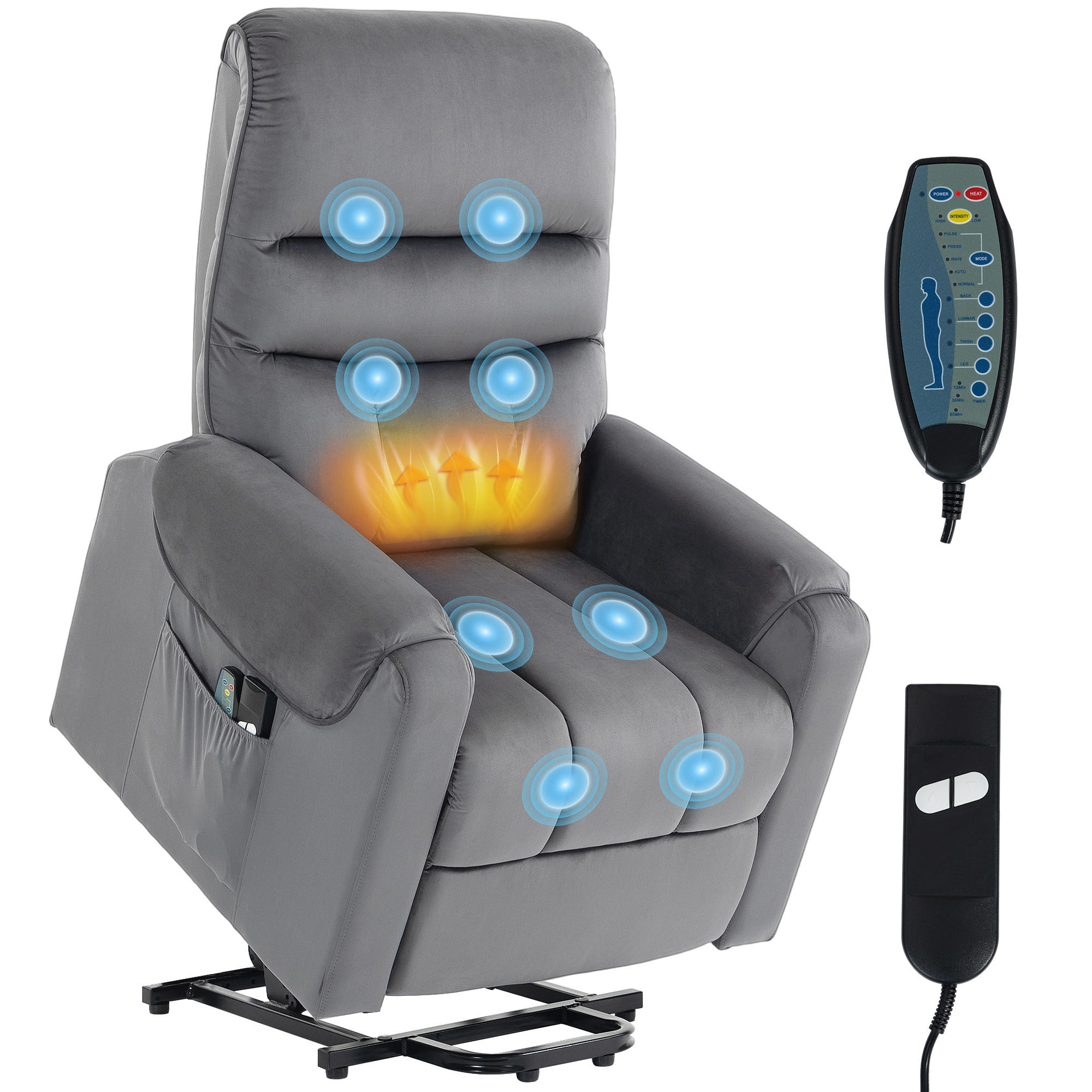 AUFSTEHSESSEL,ELEKTRISCH Massage Vibration Wärme Samt,dunkelgrau - Grau, Textil (79/103/97cm) - Vallsero