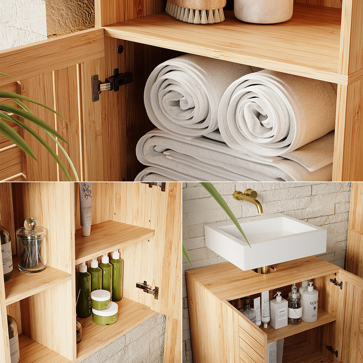 BADMÖBEL-SET Lucie Bambus 3 Teile, mit Midischrank - Grün, Holzwerkstoff (60/65/36cm) - Vicco