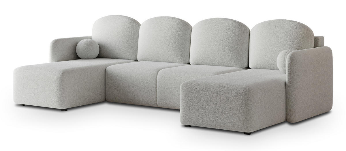 WOHNLANDSCHAFT NUBERO Hellgrau Boucle-Stoff mit Schlaffunktion - Hellgrau, Holz (285/85/143cm) - MASSENO
