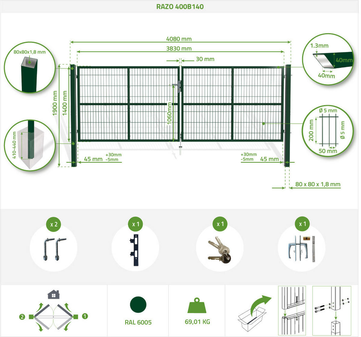 ZAUNTOR Razo Grün 4m H.140cm + TÜRCHEN 1m H.140cm - Grün, Metall (408/146cm) - Casanoov