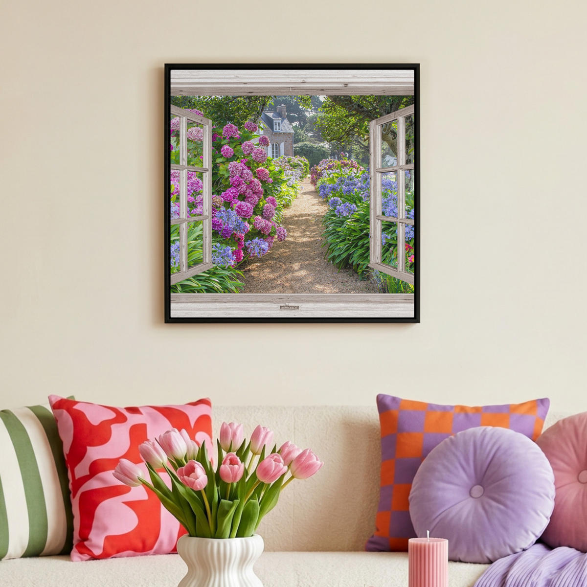 LEINWAND Bilder mit Rahmen - Hortensie - Durchsichtig - Blumen - Sommer - Lila - Weg - 50x50 - Lila, Textil (50/50cm) - MuchoWow