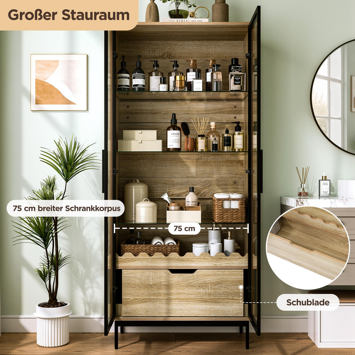 VITRINE in Naturfarben mit Glastür und Schublade für Wohnzimmer, B75/T35/H170,8 cm - Transparent/Naturfarben, Glas/Holzwerkstoff (75/170.8/35cm) - STILVORA