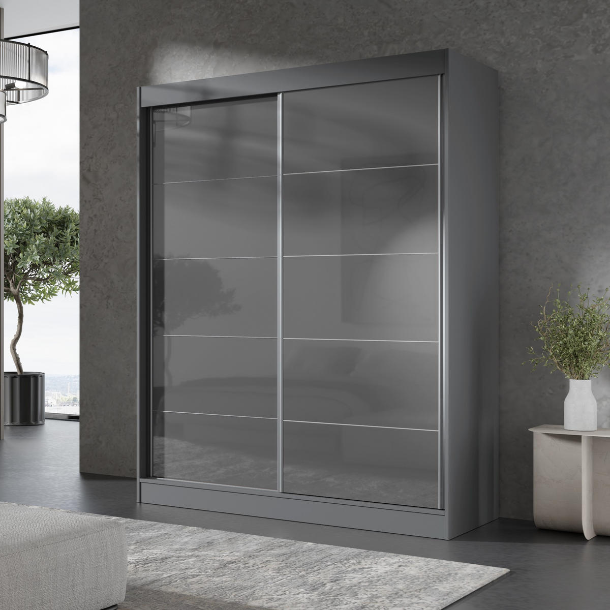 SCHIEBETÜRENSCHRANK Como 2D 150 Grau (lacobel) - Silberfarben/Grau, Holzwerkstoff/Metall (150/201/65cm) - mzm24