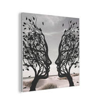 AKUSTIKPANEEL Strand - Meer - Menschen - Baum - Moderne Kunst 90x90 cm - Hellgrau, Textil (90/0.9/90cm) - MuchoWow