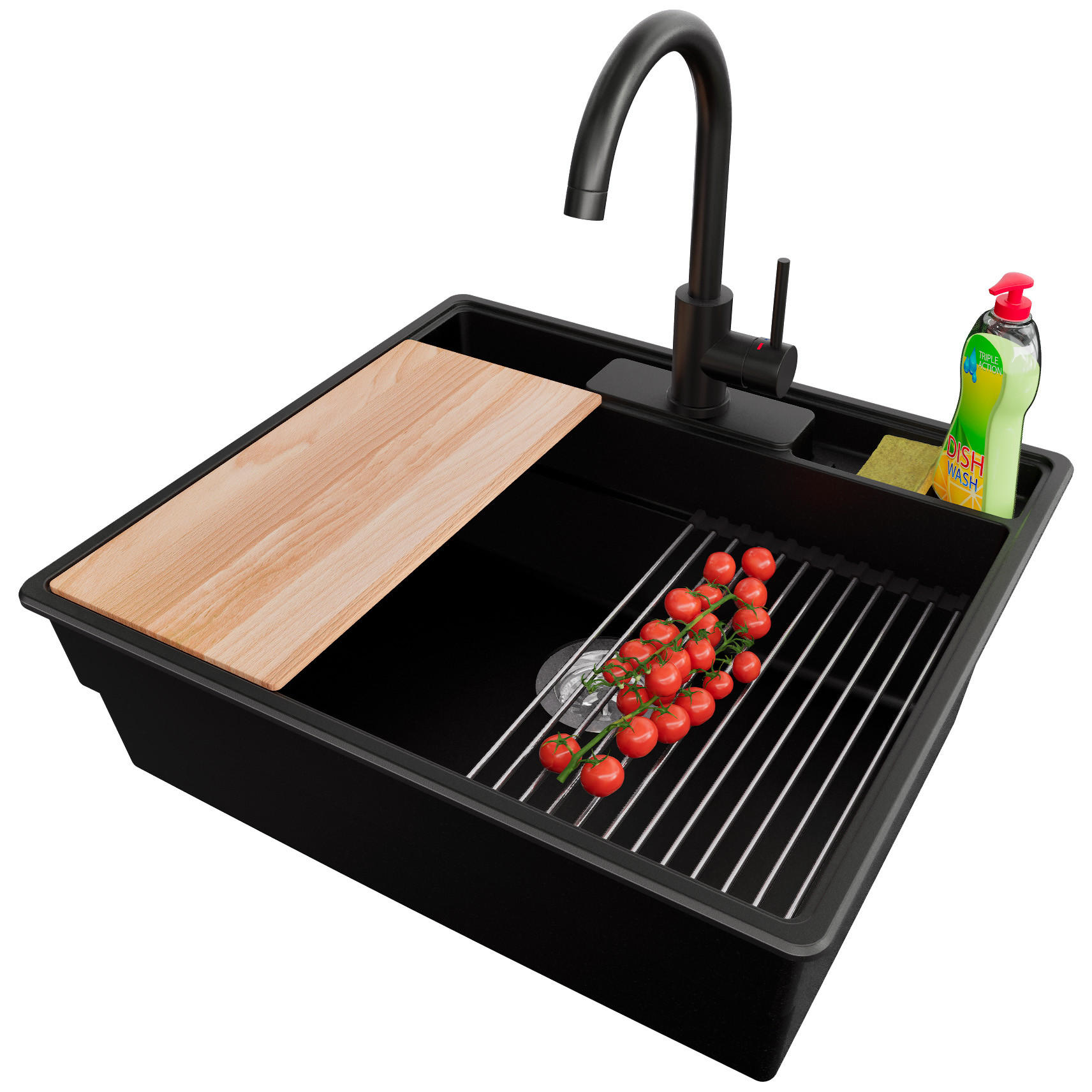 GRANITSPÜLE New York, 2-er set Schwarz 58/53 cm 1 Becken + Küchenarmatur 32/20 cm + Ablauf-Set + Küchenzubehörset ab 60er Unterschrank - Chromfarben/Beige, Kunststoff (58/20/53cm) - Primagran