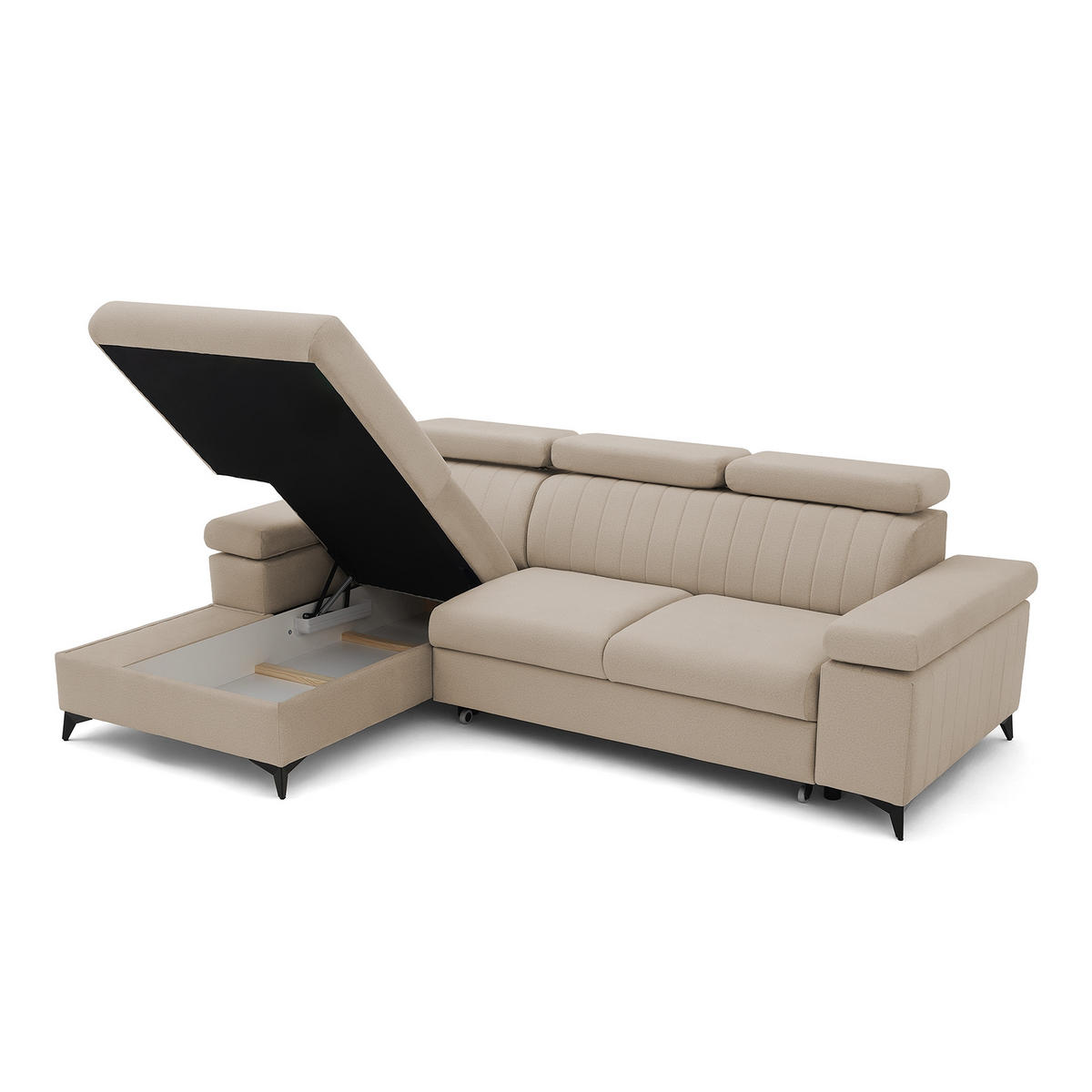 ECKSOFA FELIX L Links mit Schlaffunktion Velours Beige - Beige/Schwarz, Holz/Textil (257/176cm) - Muffo