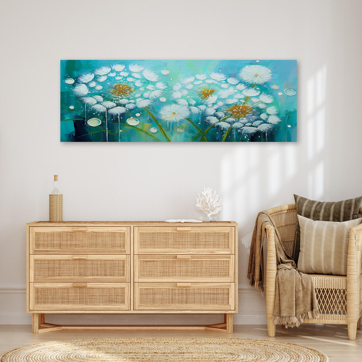 WANDBILD löwenzahn pflanzen blumen türkis - Blau, Textil (90/30cm) - Feeby