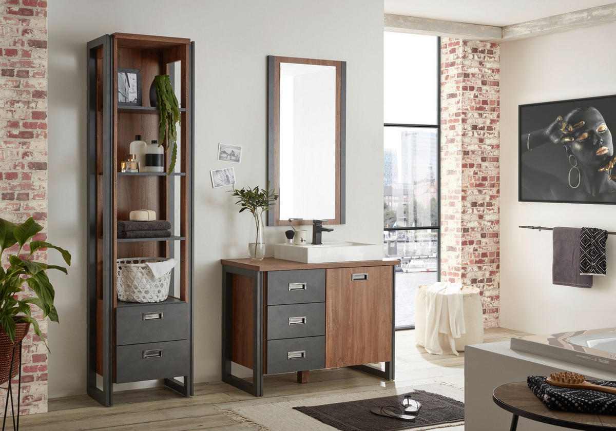 BADMÖBEL-SET 4-teilig Eiche Stirling, Matera grau, Badkombination MIT Waschbecken 160 x 205 cm - Eichefarben/Grau, Holzwerkstoff (161/205/40cm)