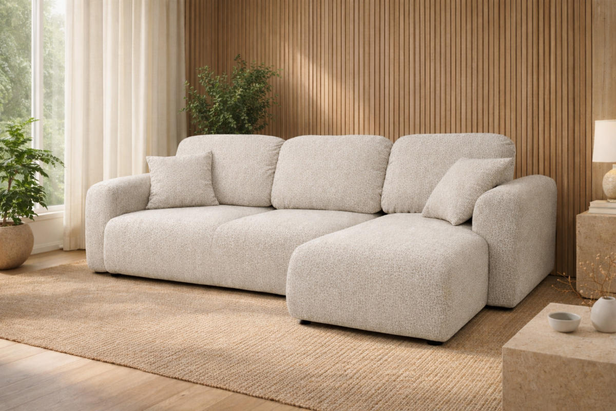ECKSOFA Mit Schlaffunktion Und Bettkasten, Sofa L-Form Bingo L, Chenille-Stoff Artico, Nata, Rechts - Beige, Holz (250/142cm) - Kaiser Möbel