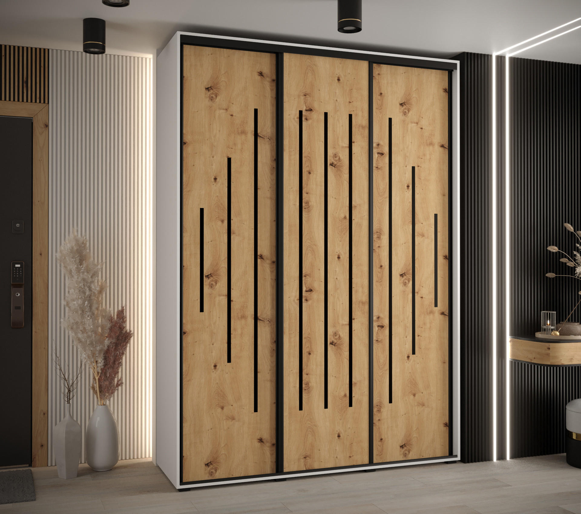 SCHWEBETÜRENSCHRANK 235,2/170/45 3-türig - Schwarz/Eiche Artisan, Holz/Metall (170/235/45cm) - Abiks Möbel