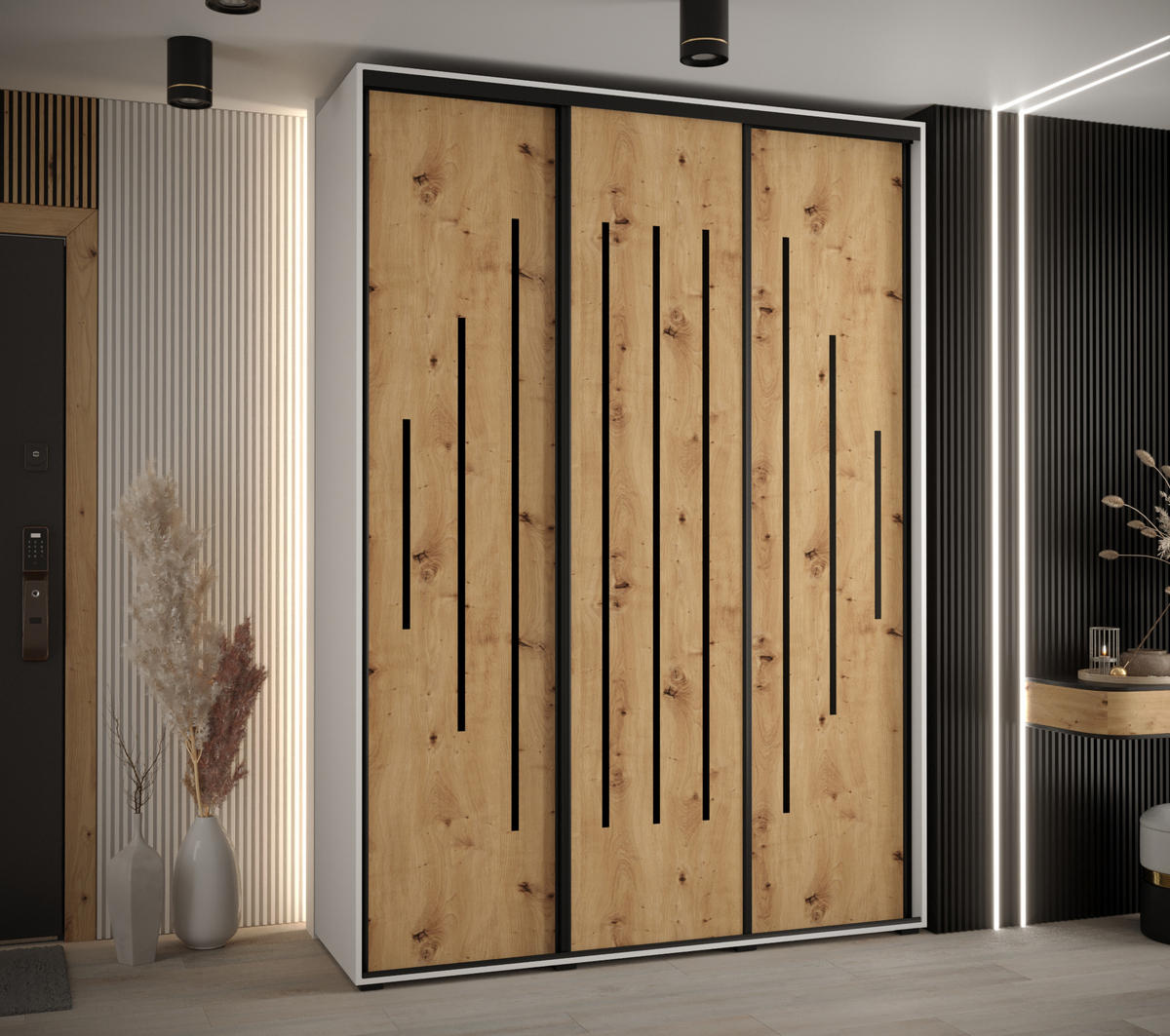 SCHWEBETÜRENSCHRANK 235,2/170/45 3-türig - Schwarz/Eiche Artisan, Holz/Metall (170/235/45cm) - Abiks Möbel
