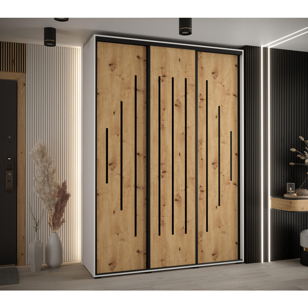 Thumbnail - Abiks Möbel Schwebetürenschrank, Weiß, Eiche Artisan, Schwarz, Metall, Nachbildung, 6 Fächer, 180x235x45 cm, Schlafzimme...