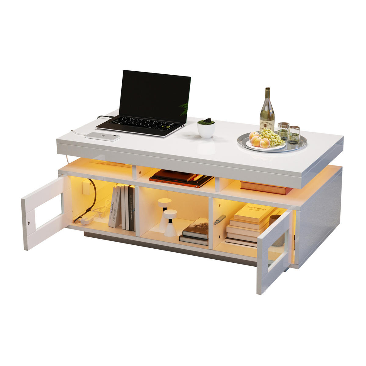 COUCHTISCH 100/50/43 cm aus Spanplatte 100/50/43 cm mit LED-Beleuchtung, Steckdose, USB-Anschluss und Stauraum, Weiß - Weiß, Holzwerkstoff (100/50/43cm) - Redom