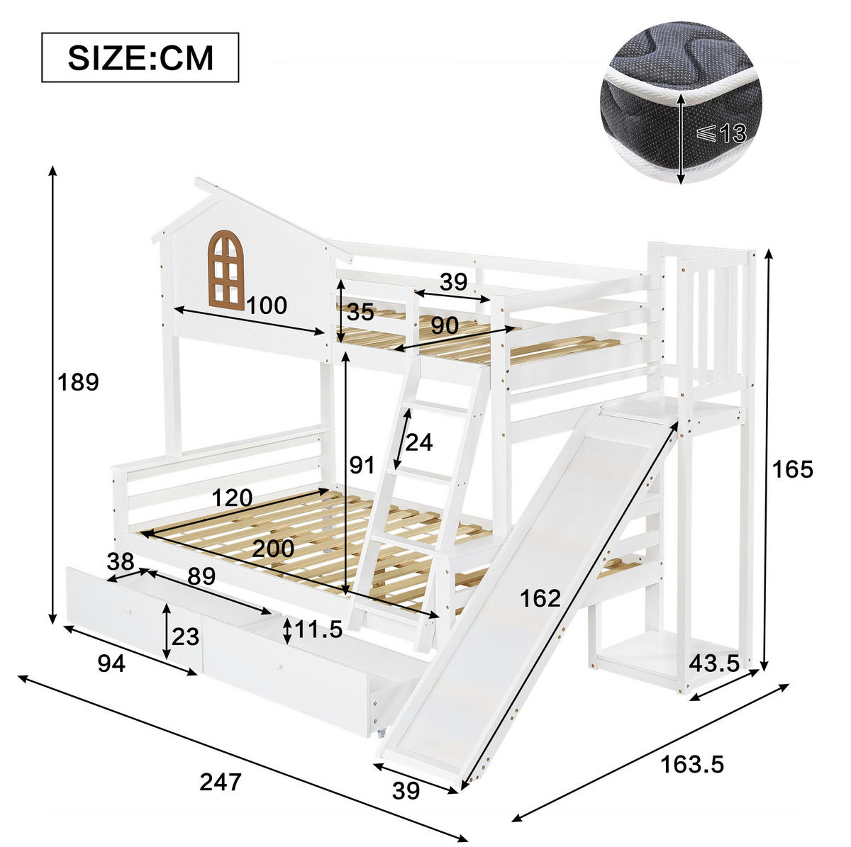 ETAGENBETT 90/200 & 120/200 cm mit Rutsche, Fenster, 2 Schubladen und Kiefer/MDF-Gestell, Weiß - Weiß, Holz (90/200cm) - Redom