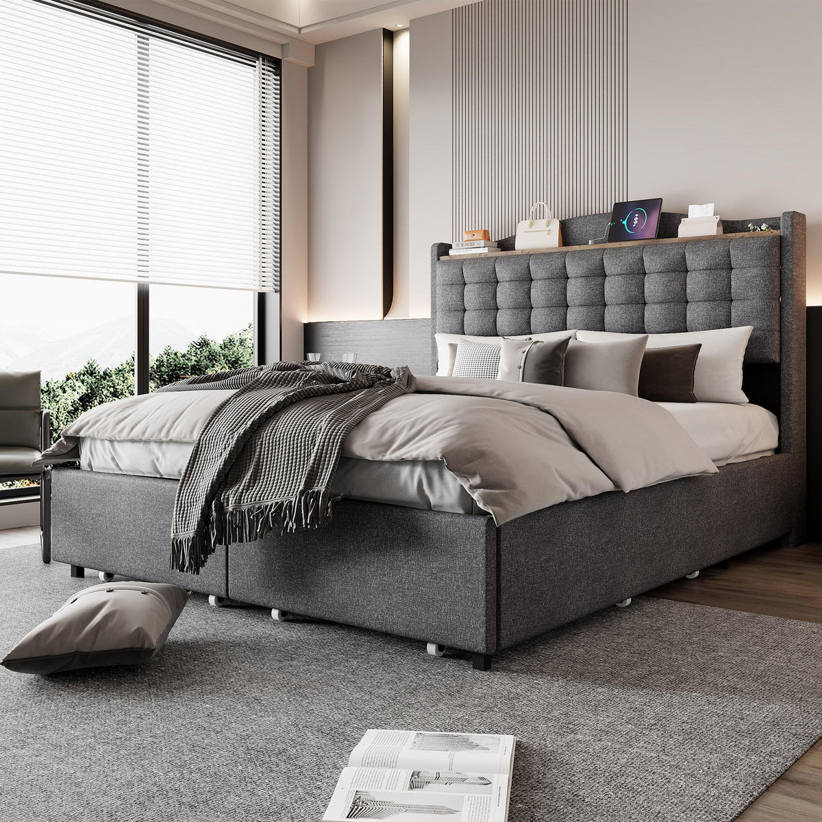 POLSTERBETT 140/200 cm grau mit USB-Ladeanschluss und 4 Schubladen - Grau, Textil (140/200cm) - OKWISH