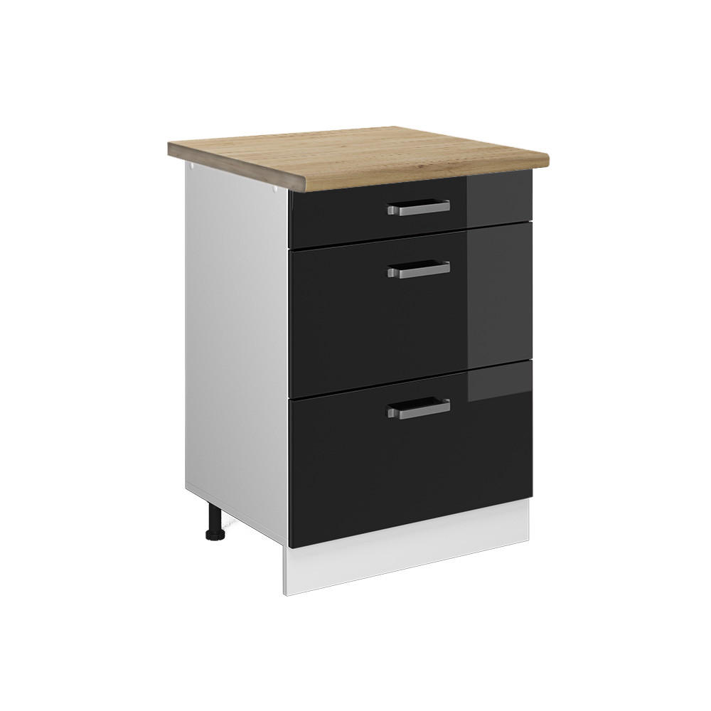 KÜCHENUNTERSCHRANK R-Line Schwarz Hochglanz 60 cm mit Schubladen AP Eiche - Schwarz Hochglanz/Schwarz, Holzwerkstoff (60/81.6/60cm) - Vicco