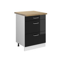 KÜCHENUNTERSCHRANK R-Line Schwarz Hochglanz 60 cm mit Schubladen AP Eiche - Schwarz Hochglanz/Schwarz, Holzwerkstoff (60/81.6/60cm) - Vicco