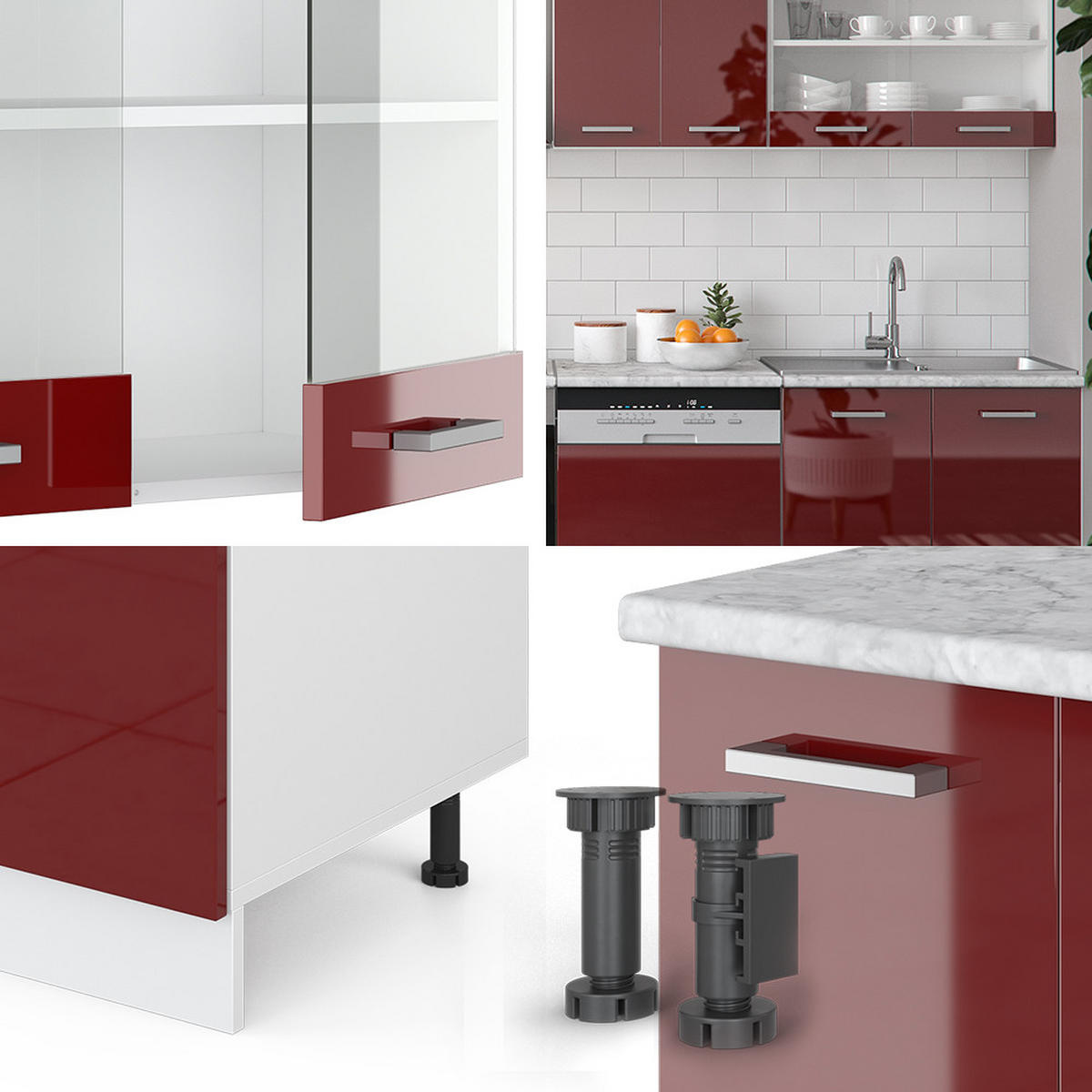 KÜCHENZEILE R-Line Rot Hochglanz/Weiß 300 cm , AP Eiche - Rot/Weiß, Holzwerkstoff (300/81.6/60cm) - Vicco