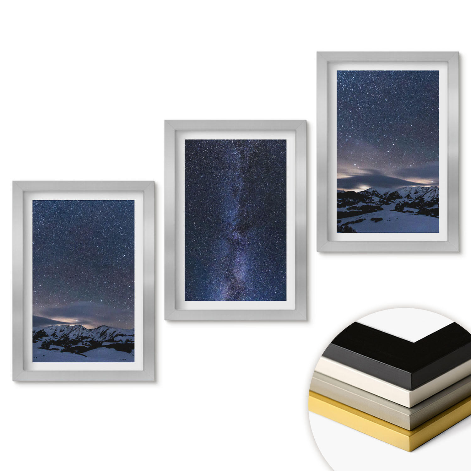 WANDBILDER 3er Set - 20x30 cm Silberner Rahmen - Nachthimmel, Berge, Sterne - Silberfarben, Kunststoff (20/30cm) - ArtPrintCave