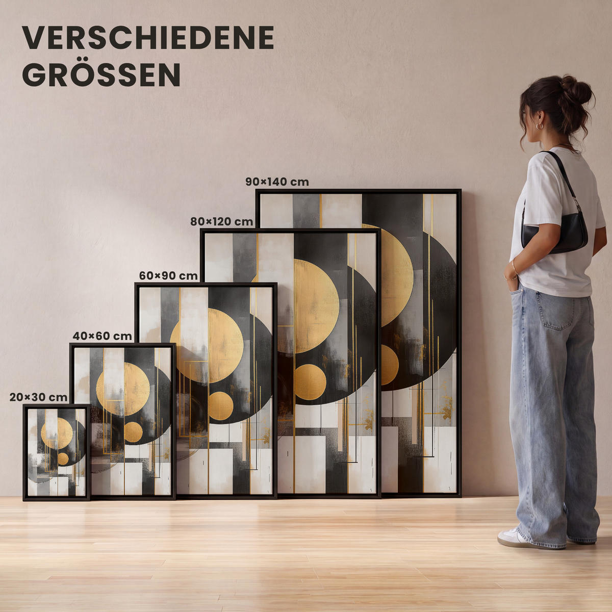 LEINWAND Bilder mit Rahmen - Abstrakt - Gold - Silber - Formen - Ästhetisch - Modern - 60x90 - Goldfarben, Textil (60/90cm) - MuchoWow
