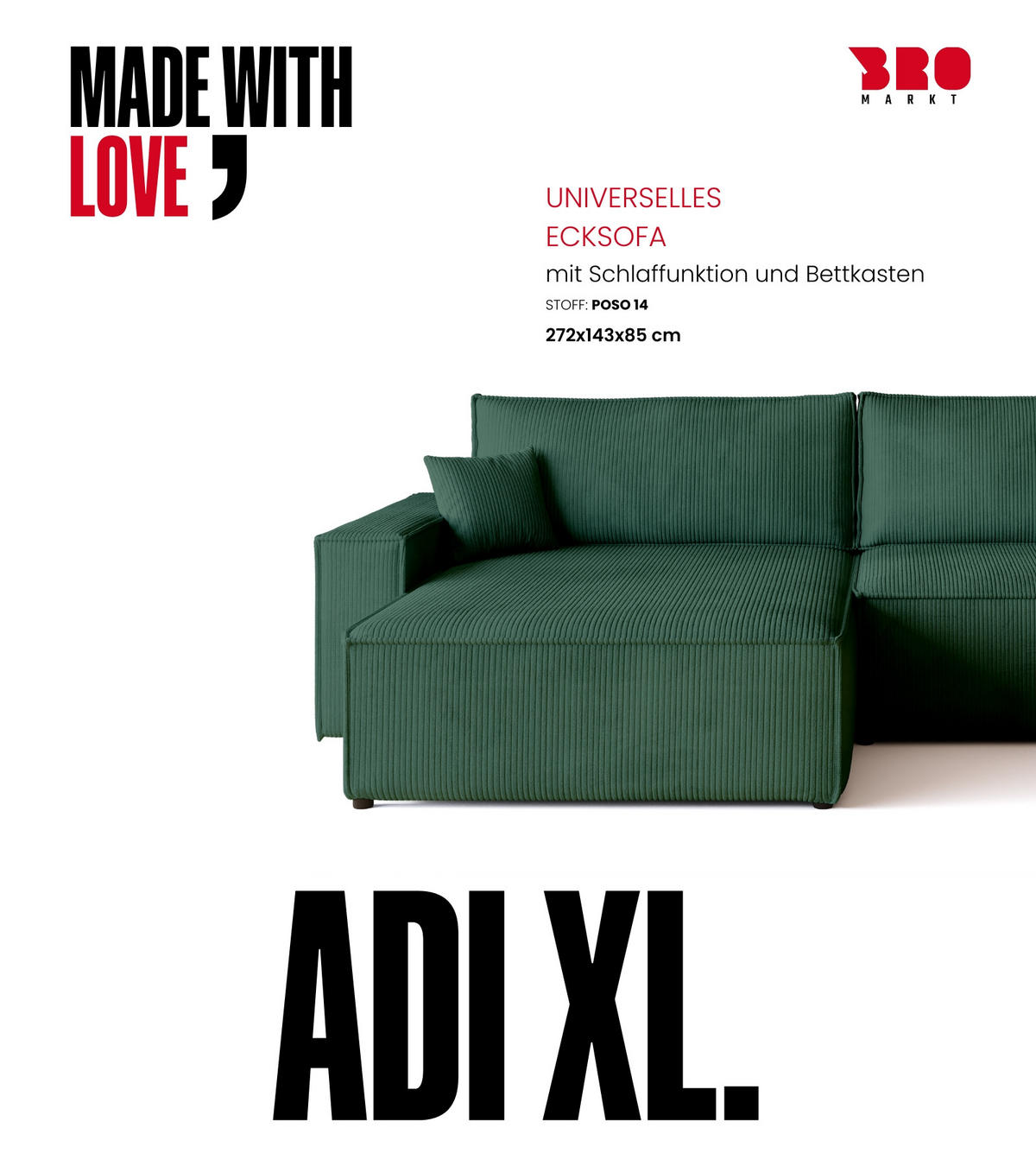 ECKSOFA ADI XL mit Schlaffunktion Dunkelgrün Cord - Dunkelgrün, Textil (272/143cm) - Bromarkt