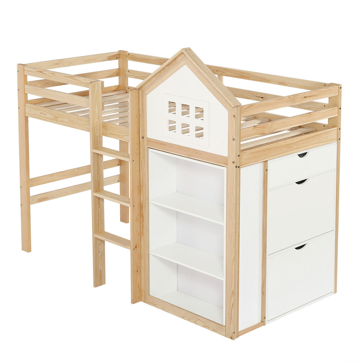 HOCHBETT 90/200 cm in Weiß/Natur mit Staufächern, Schubladen und Sicherheitsgeländer - Weiß, Holz (90/200cm) - Flora Grace