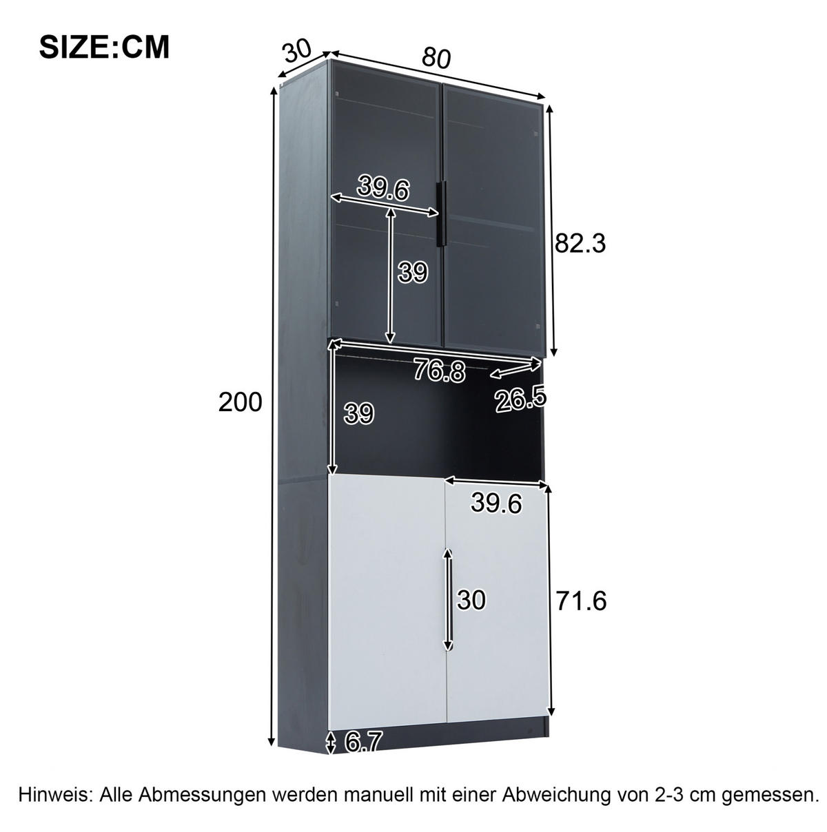 VITRINE 160/30/200 cm aus Spanplatte mit LED-Beleuchtung und Glastüren Weiß/Schwarz - Weiß, Holzwerkstoff (30/200/160cm) - Modenvie