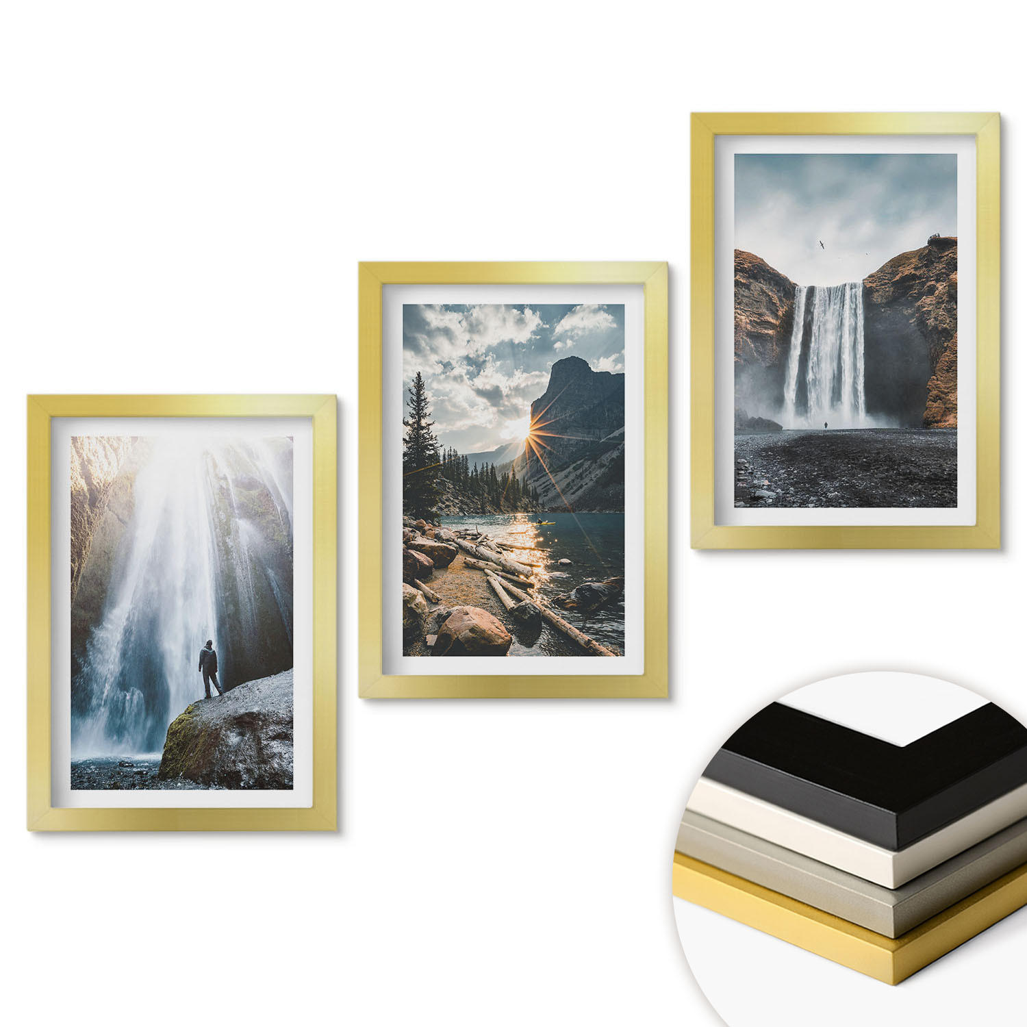 WANDBILDER 3er Set - 20x30 cm Goldrahmen - Wasserfälle, Berge, Landschaften, Natur - Goldfarben, Kunststoff (20/30cm) - ArtPrintCave