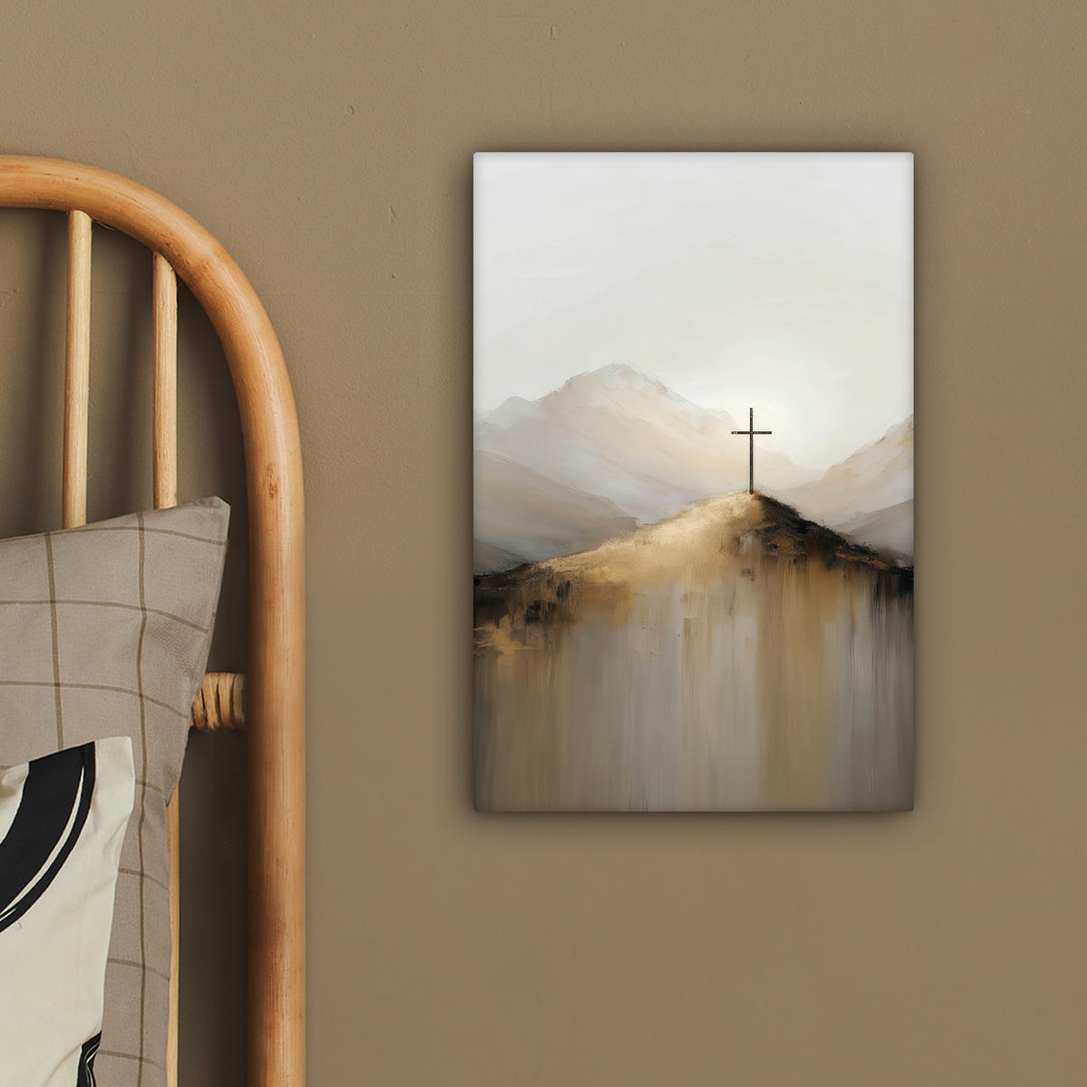LEINWANDBILD Hügel - Abstrakt - Kreuz - Christentum Deko Wohnzimmer 20x30 cm - Beige, Textil (20/30cm) - MuchoWow