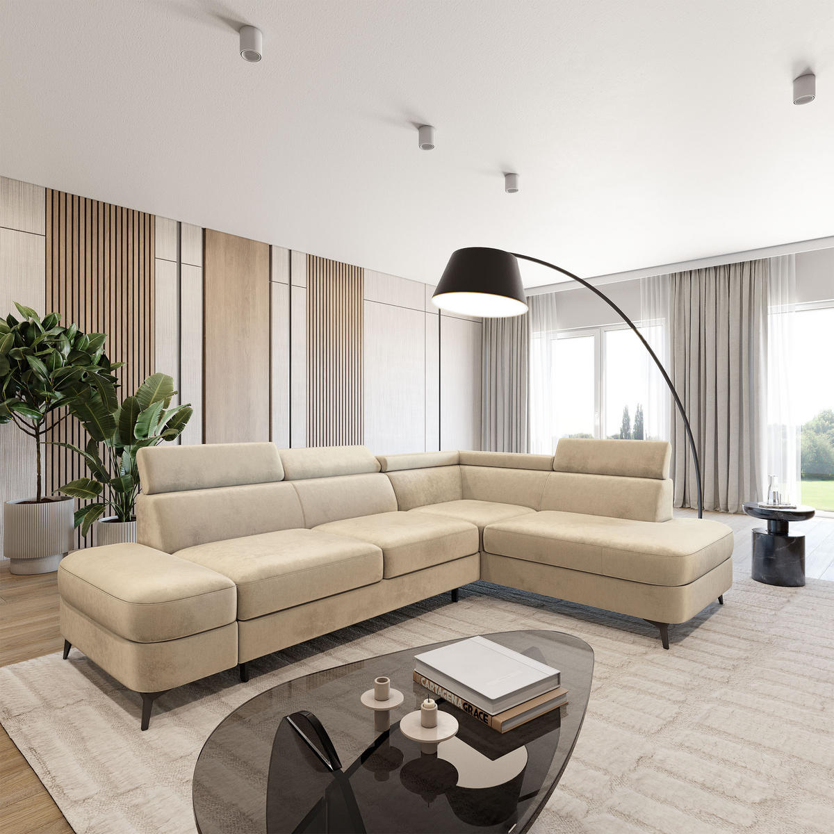 ECKSOFA AVISE M R-S Creme Velours-Stoff mit Schlaffunktion - Creme, Holzwerkstoff/Textil (268/195cm) - MASSENO