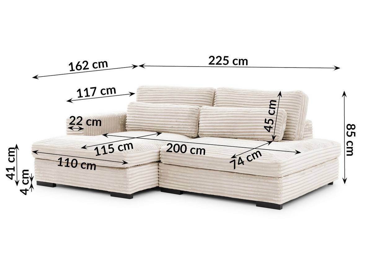ECKSOFA Wolke mit tiefer Sitzfläche, Schlaffunktion und praktischem Bettkasten aus weichem Creme Cordstoff - Creme/Schwarz, Holz/Kunststoff (162/225cm) - S-Style