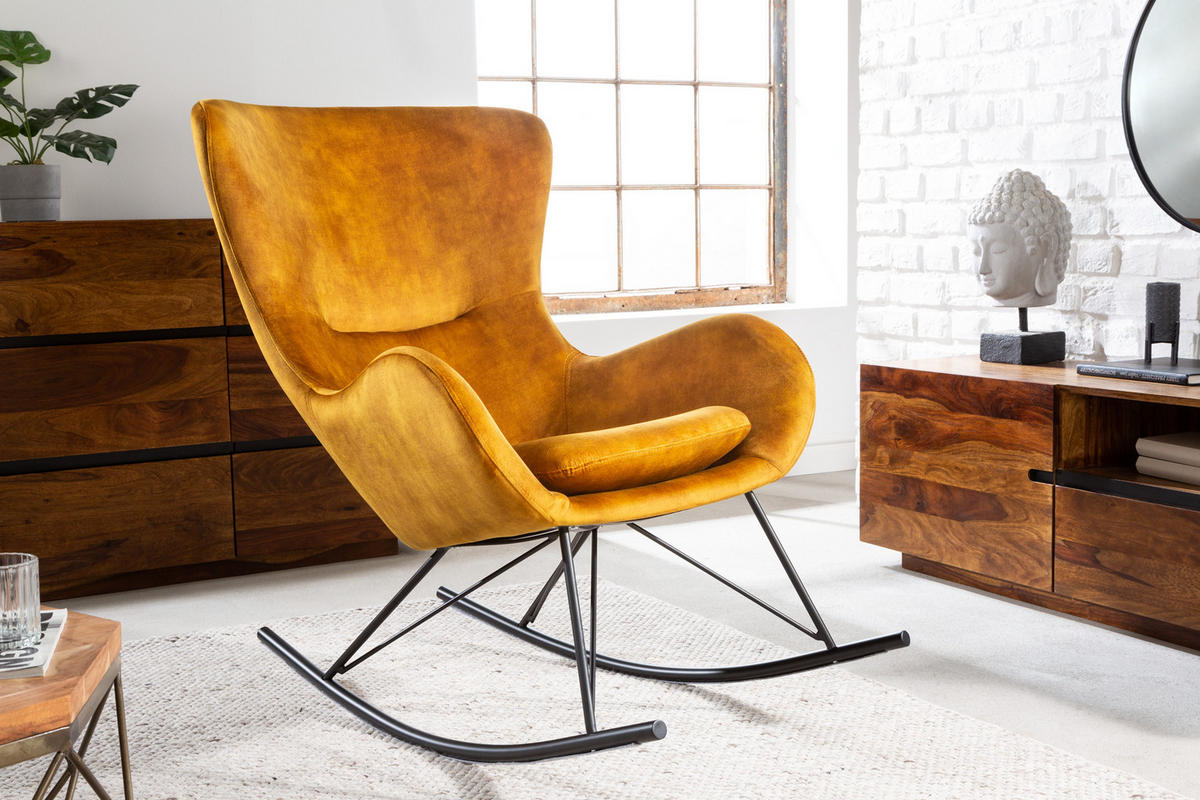 SCHAUKELSTUHL SCANDINAVIA SWING Samt Senfgelb 115 cm - Gelb/Schwarz, Textil/Metall (77/99/115cm) - riess-ambiente