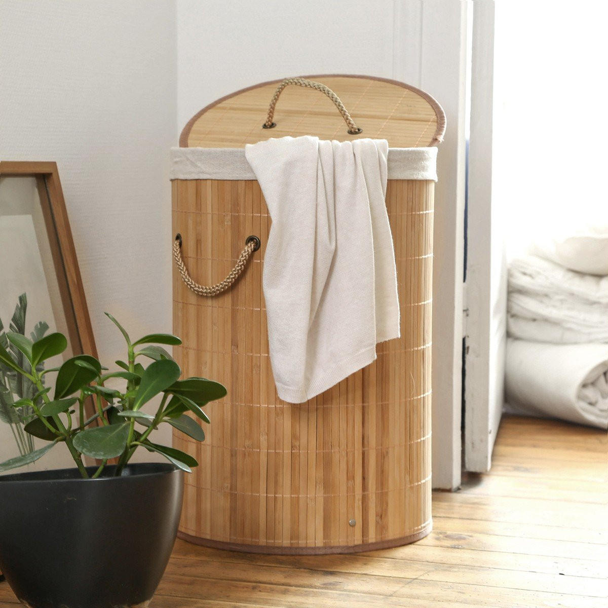 KULATÝ bambusový koš na prádlo, 60 l, výška 50 cm - YSA - jabloňová, dřevo (40/50/40cm) - Calicosy
