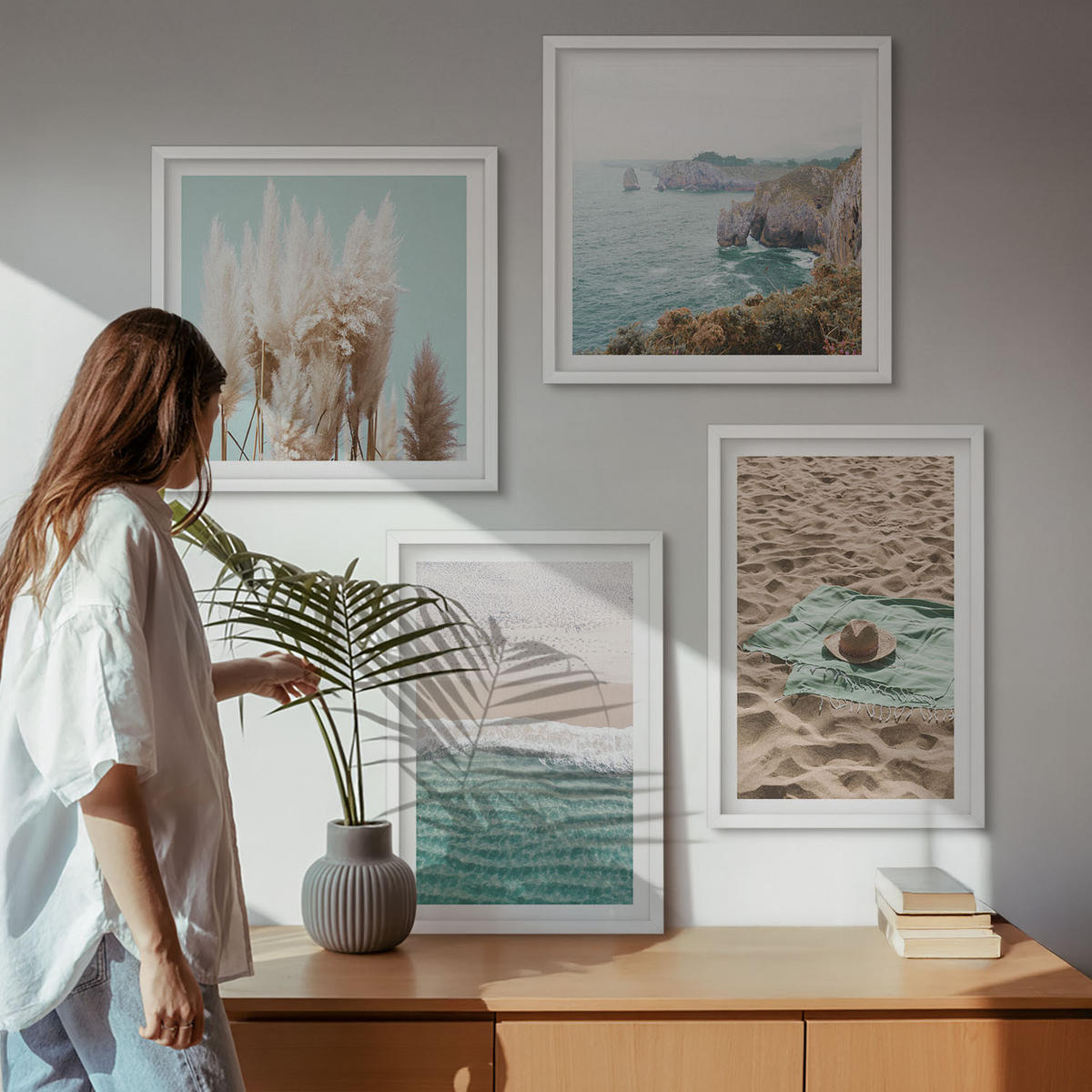 BILDER SET 4er Set - 50x50 cm & 40x60 cm Weißer Rahmen - Strandwellen Grashut - Weiß, Kunststoff (50/50cm) - TULUP