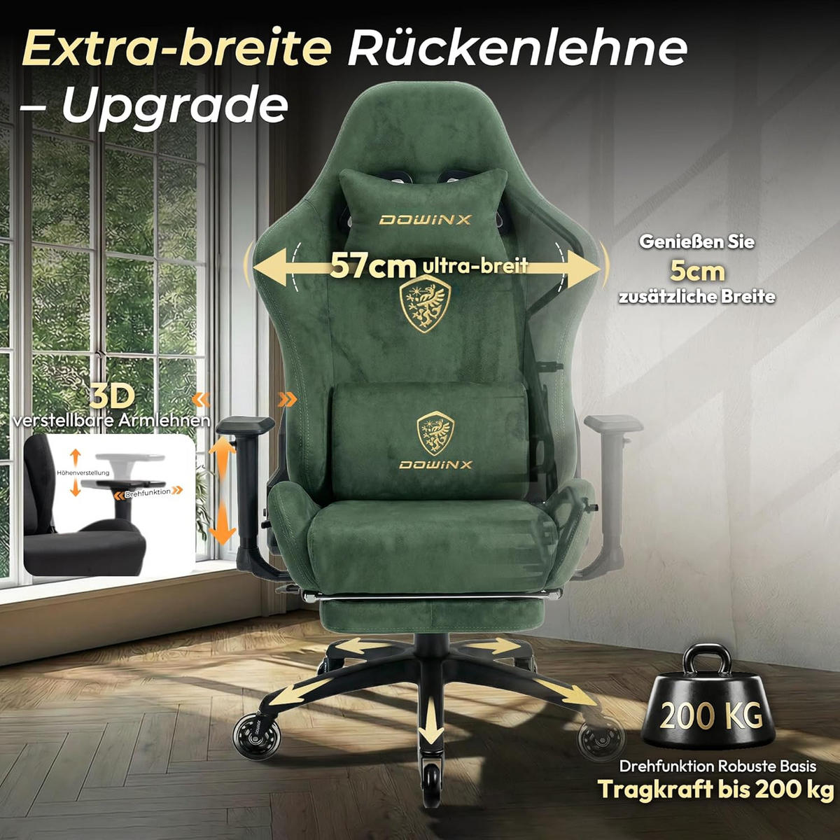GAMING-STUHL Mikrofaser-Velours Verstellbarer Bürostuhl mit Fußstütze - Grün, Leder (70/128/70cm)